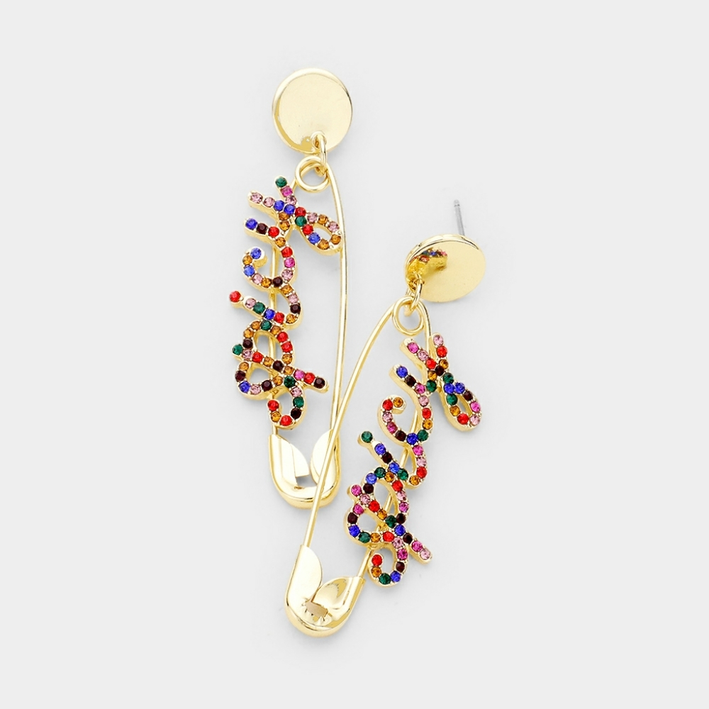 Colorful & Gold SPICY Safety Pin Unique Fun Statement Jewelry Crystal Earrings
